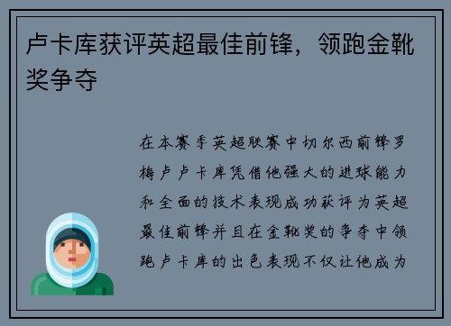 卢卡库获评英超最佳前锋，领跑金靴奖争夺