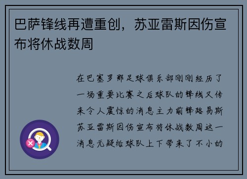 巴萨锋线再遭重创，苏亚雷斯因伤宣布将休战数周