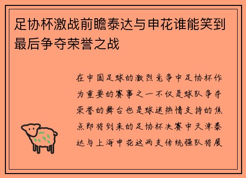 足协杯激战前瞻泰达与申花谁能笑到最后争夺荣誉之战