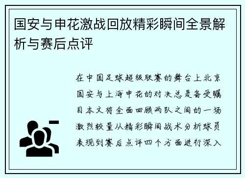 国安与申花激战回放精彩瞬间全景解析与赛后点评