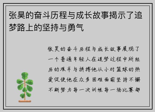 张昊的奋斗历程与成长故事揭示了追梦路上的坚持与勇气