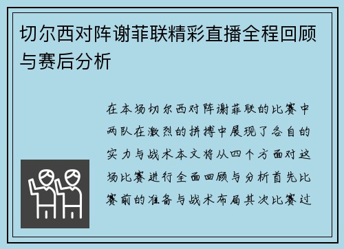 切尔西对阵谢菲联精彩直播全程回顾与赛后分析