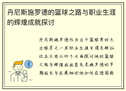 丹尼斯施罗德的篮球之路与职业生涯的辉煌成就探讨