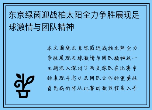 东京绿茵迎战柏太阳全力争胜展现足球激情与团队精神