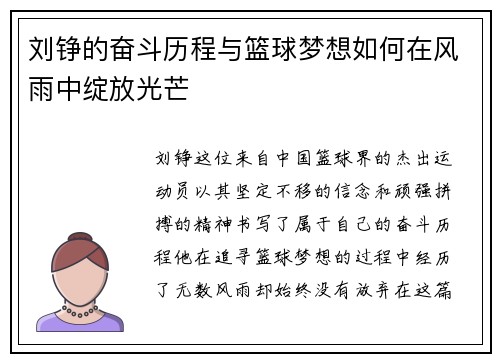 刘铮的奋斗历程与篮球梦想如何在风雨中绽放光芒