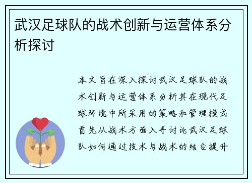 武汉足球队的战术创新与运营体系分析探讨